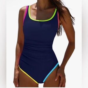 Popvil One Piece Swimsuit Tummy Control Neon Colorblock Navy Blue Medium M NWT
